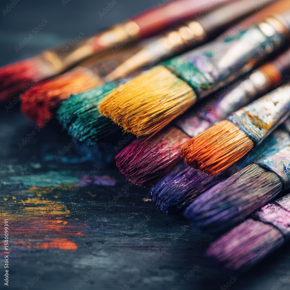 Fototapeta premium A close-up of paintbrushes, bristles stained with vibrant hues of paint, rest on a dark, textured surface, suggesting recent artistic activity
