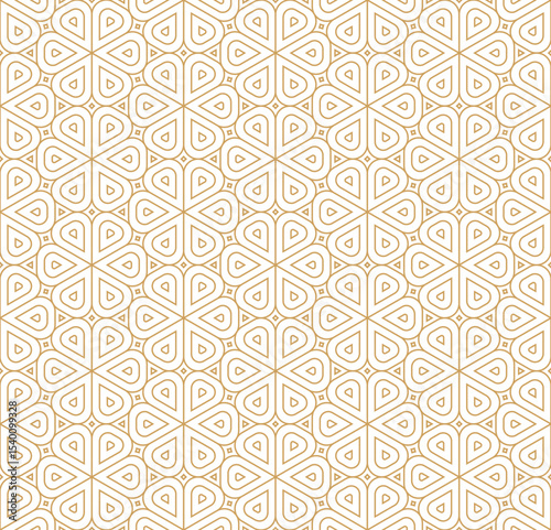 Geometric seamless pattern features intricate interconnected hexagons, formed by repeating flower petal and triangular shapes in a golden outline against a white background.