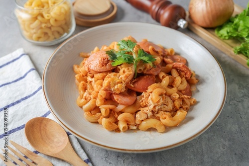 Stir fried macaroni with tomato sauce ,sausage and egg in white plate on grey background