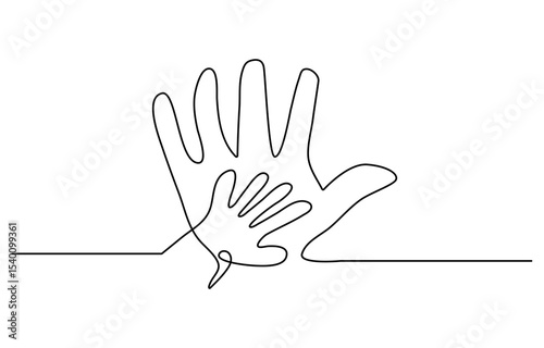 One continuous line drawing of baby kid hand holding mom dad parents hands. son daughter grab mommy daddy hand. family doodle outline art line vector illustration