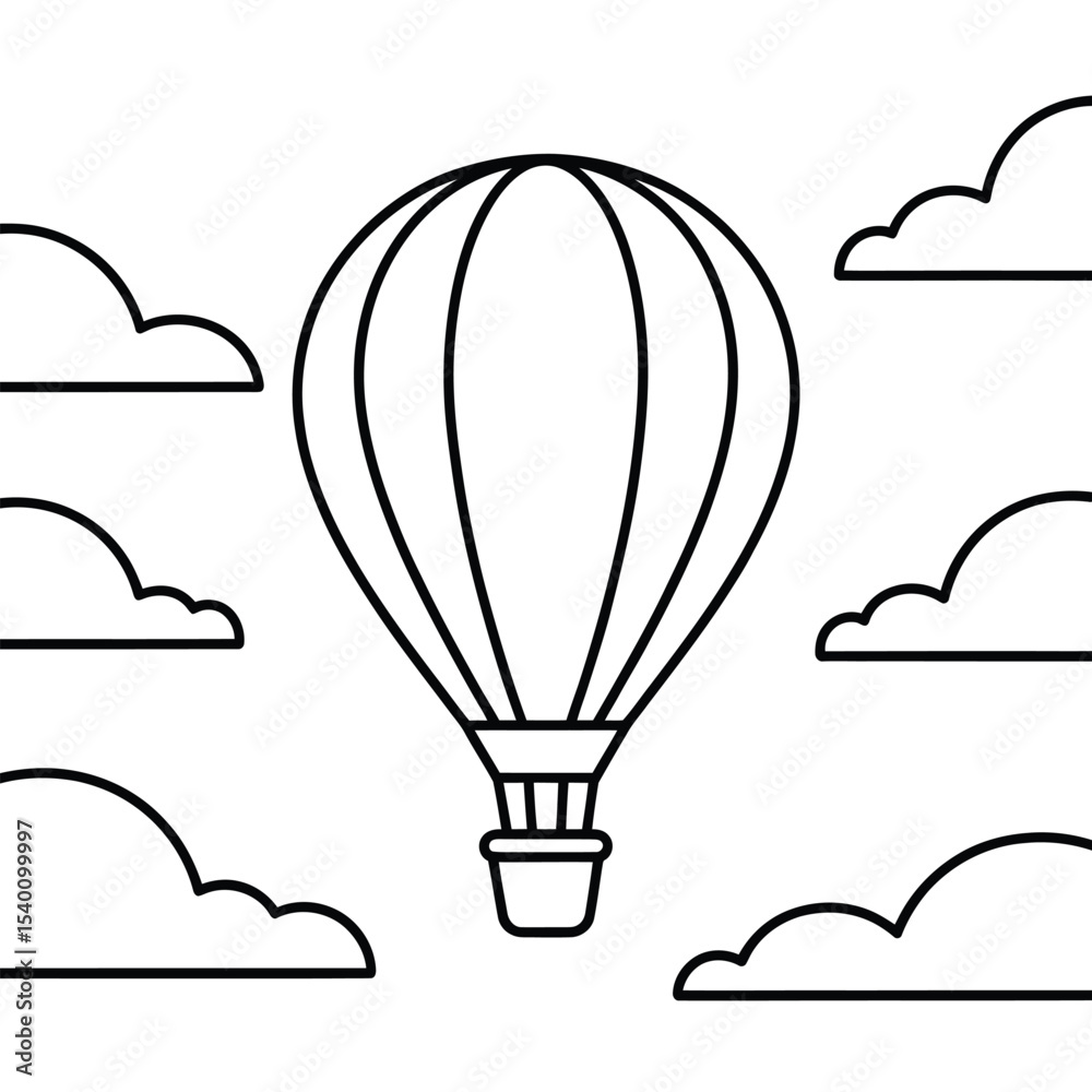 Obraz premium Outline illustration of a hot air balloon floating amongst clouds simple black and white design for childrens projects
