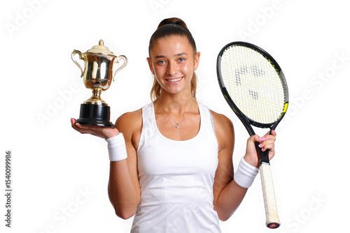 Triumphant Tennis Player, Holding Trophy and Racket A Celebration of Victory, Skill, and Determination