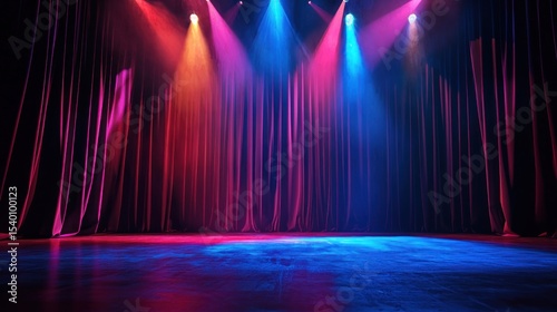A vibrant stage with a red curtain and colorful spotlights, creating a dynamic and energetic atmosphere.