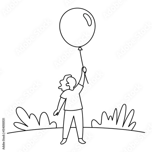 Simple illustration of a person holding a balloon outdoors with minimalist line art and a whimsical feel symbolizing joy and celebration.