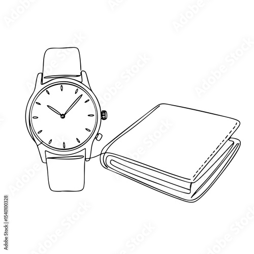 Vector line art of a wristwatch and wallet side by side in clean outline style Father's Day design
