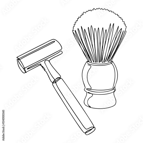 Vector line art of classic shaving brush and razor, Father's Day grooming and barber shop illustration