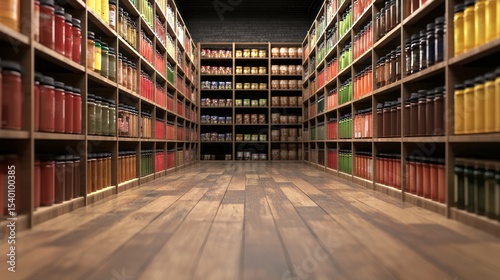 A well-organized pantry with a variety of canned goods and spices on wooden shelves.