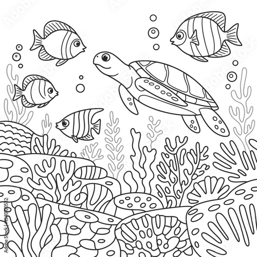 Underwater coloring page featuring a sea turtle and various fish swimming among coral reefs and marine plants a fun educational illustration