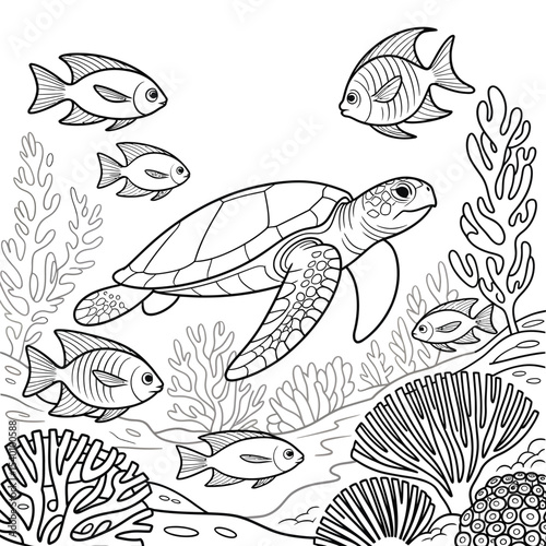 Underwater scene coloring page featuring a sea turtle and tropical fish amongst coral reefs