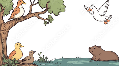 Whimsical Cartoon Illustration of a Peaceful Pond Scene with Ducks a Tree and a Capybara enjoying a Sunny Day perfect for children s books and