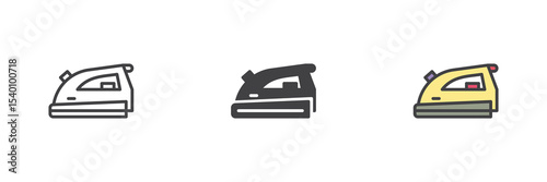 Clothing iron icon set in line, solid and colorful filled outline style