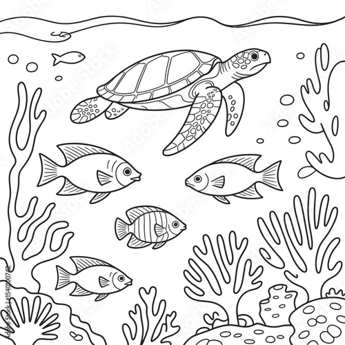 Underwater coloring page featuring sea turtle and fish in marine habitat illustration for children's activity books