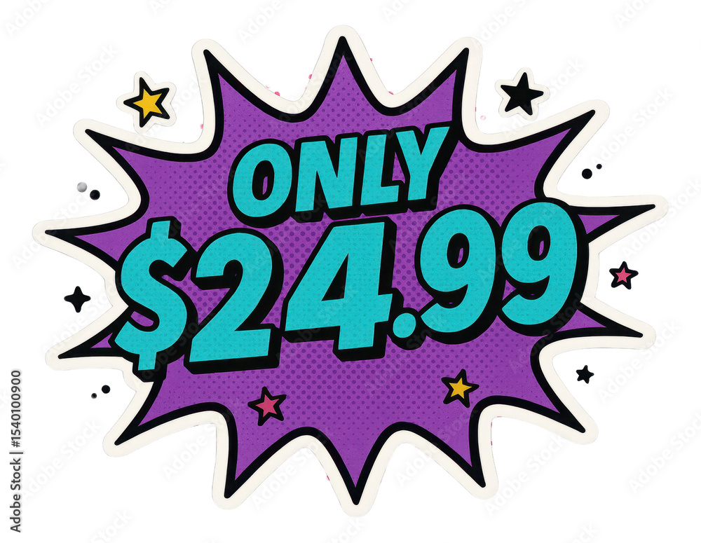 Fototapeta premium Purple burst sticker with ONLY $24.99 in retro comic style, vibrant retail promotion offer on transparent background.