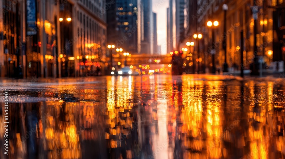 Fototapeta premium Urban street scene at dusk with glowing reflections on wet pavement and city lights