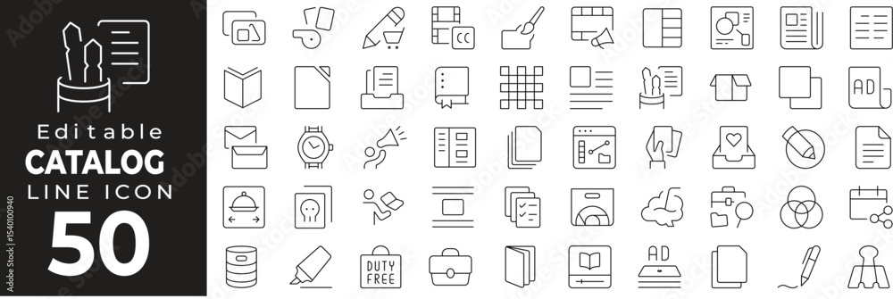 Fototapeta premium Product catalog and listing icons. Featuring brochures, digital catalog, price list, and inventory booklet. Editable stroke.