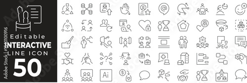 Interactive design and UI elements. Includes clickable icons, user input, responsive UI, touchscreen gestures. Editable stroke.