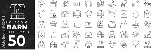 Farm and barn structure icons. Featuring rural buildings, storage, hayloft, barn doors, and agriculture elements. Editable stroke.