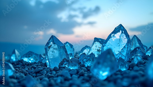 Glowing Blue Crystals on Pebble Surface with Sky Background