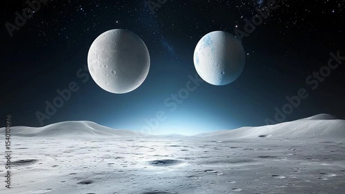 Surreal Landscape with Two Planets Above a Moonlit Surface and Starry Sky in a Dreamlike Universe