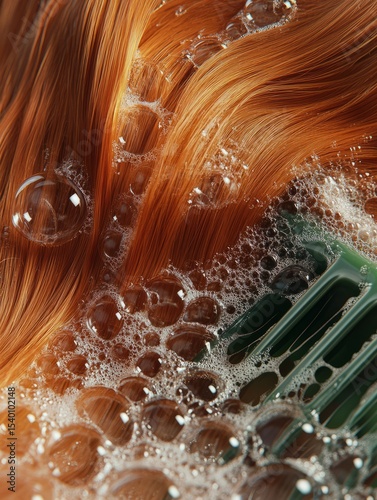 Detailed close up view of beautiful red hair being washed with luxurious bubbles and a comb. Hair care and treatment concept for a beauty product.