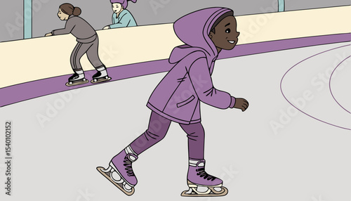 A young girl wearing purple hoodie roller skating on a rink, leisure activity, quad skates with laces      