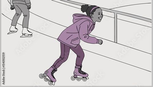 A young girl wearing purple hoodie roller skating on a rink, leisure activity, quad skates with laces      