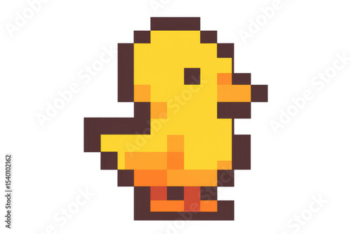 Pixel art yellow duckling waddling cheerfully, evoking vintage gaming charm against transparent backdrop
