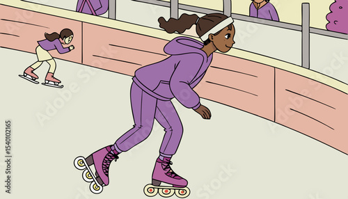 A young girl wearing purple hoodie roller skating on a rink, leisure activity, quad skates with laces      