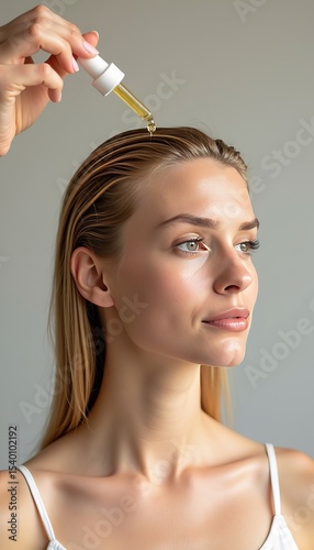 A woman applying nourishing hair oil to her scalp with a dropper. Healthy hair care ritual focusing on natural beauty and well-being. Scalp treatment product for growth and strength.