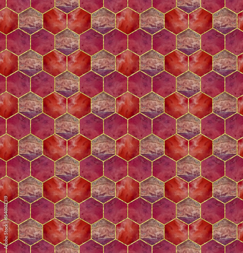 Hexagon tracery seamless texture. Honeycomb. Mosaic, inlay. Stained glass style. Art Deco. Seamless hexagon pattern. For wallpaper, tile, ceramic, linoleum, linens, textile. Jasper tile pattern.