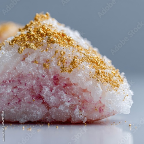 Close-up of a delicate, triangular confection; pale pink interior speckled with darker pink, coated in white and sprinkled with edible gold