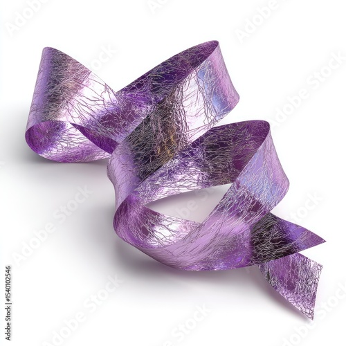 A curled, shimmering lavender ribbon with a textured, almost cracked surface, softly casts a shadow on a stark white background