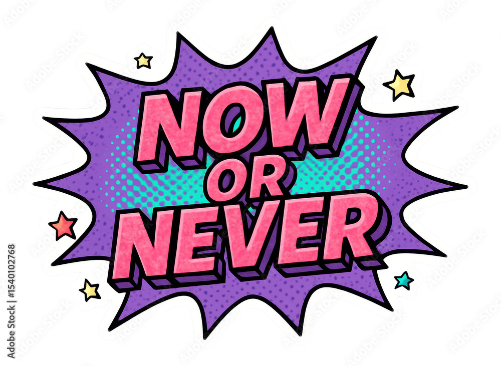 Fototapeta premium Purple starburst sticker with NOW OR NEVER text in vibrant comic style, dynamic retail promo offer on transparent background.
