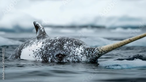 A narwhal with its distinctive long horn swimming in the ocean.