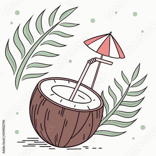 Charming illustration of a coconut drink with a small umbrella, surrounded by tropical leaves, evoking beach vibes and refreshing summer moments.
