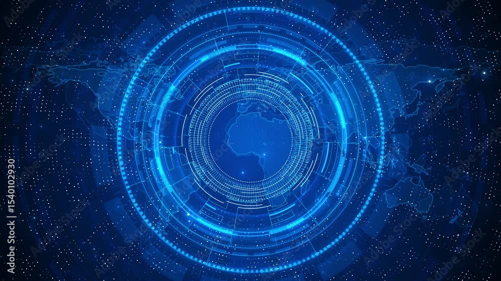 Futuristic HUD Head up display interface High-tech digital world map features data points, graphs, global network connections. Technology digital big data analytics, Technology abstract background 3D