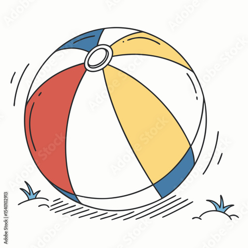 Whimsical illustration of a bouncing beach ball on sand, capturing the essence of summer fun and carefree adventures.