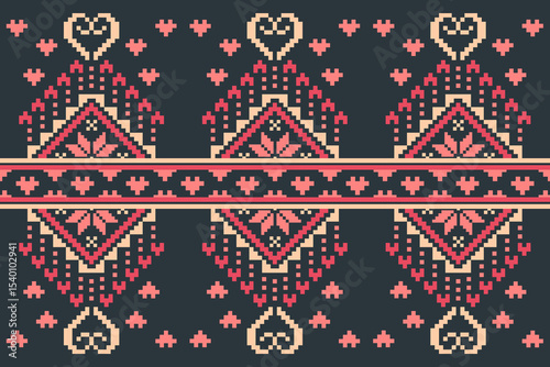 Cross stitch pattern concept showcasing traditional ethnic geometric pattern, Design for textile, background,carpet,wallpaper,clothing,wrapping,Batik,fabric,Vector illustration	
