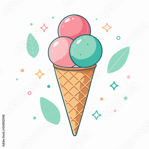 Delightful illustration of an ice cream cone featuring three colorful scoops, capturing the essence of summer fun and delicious treats.