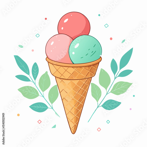 Delightful illustration of an ice cream cone with three colorful scoops, capturing the essence of summer treats and fun.