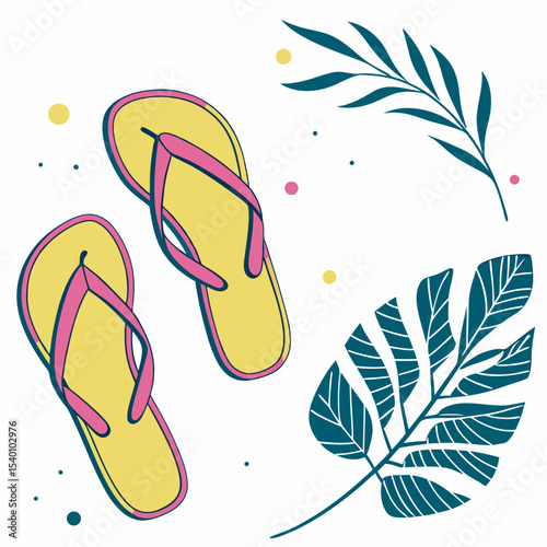 Casual illustration of bright flip flops resting on grass, symbolizing summer fun and outdoor adventures.