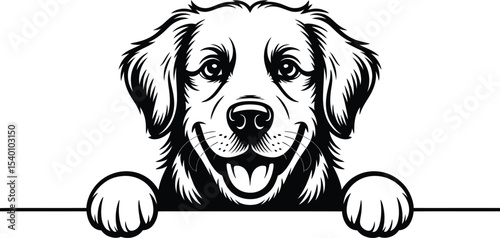 Illustration of a smiling golden retriever dog with paws over a ledge