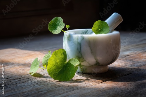 Sunlit marble mortar and pestle with vibrant green leaves on rustic wood