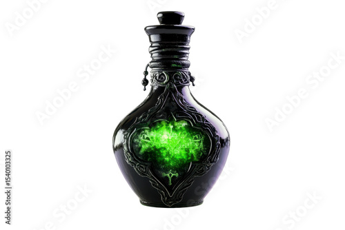 Vintage Intricate black potion bottle with glowing green heart design and ornate detailing on isolated on transparent png