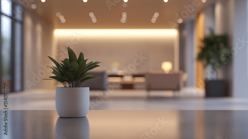 Modern virtual background for Zoom or Teams with a sleek office interior, neutral colors, minimalist furniture, soft lighting, and a gently blurred background for professional depth.