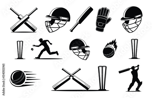 Cricket Silhouette Bundle with Bat, Ball, Stumps, and Player SVG

