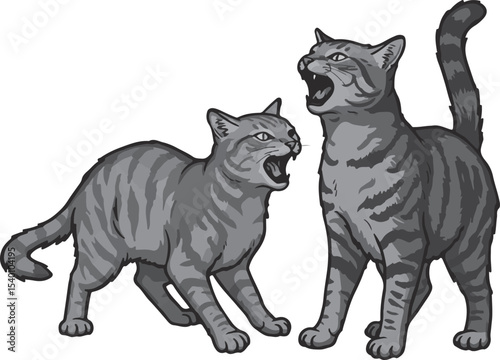 Two Patterned Cats Shouting at Each Other Vector | Angry Cat Illustration | Cute Fighting Cats Clipart | Cartoon Pet Conflict Art | Funny Cat Argument Design for Stickers, T-Shirts, Digital Use