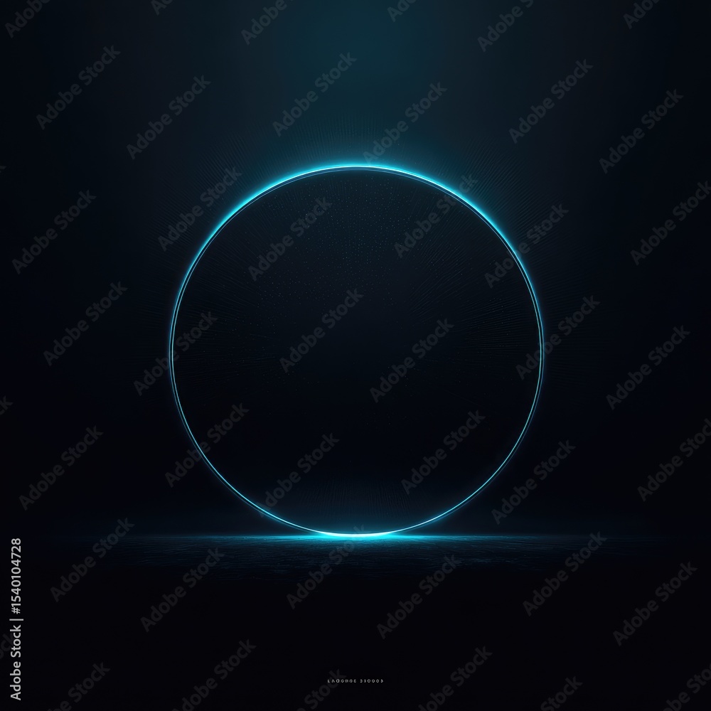 Obraz premium Glowing cyan circle, dark background, subtle light reflection below