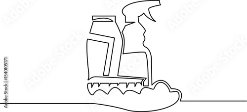 Continuous one line drawing of Cleaning sevice tools. Single line drawing illustration of Cleaning service and detergent products. Housekeeping concept vector Illustration