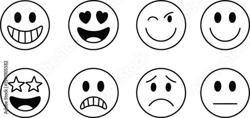 Collection of eight different black and white outline style emoticons